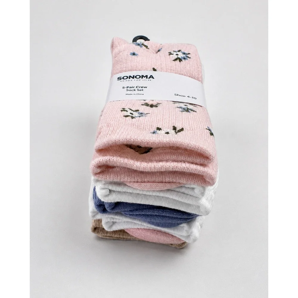 Sonoma Women's Everyday Crew Socks 5 Pair Pink Floral Shoe Size 4-10 NWT